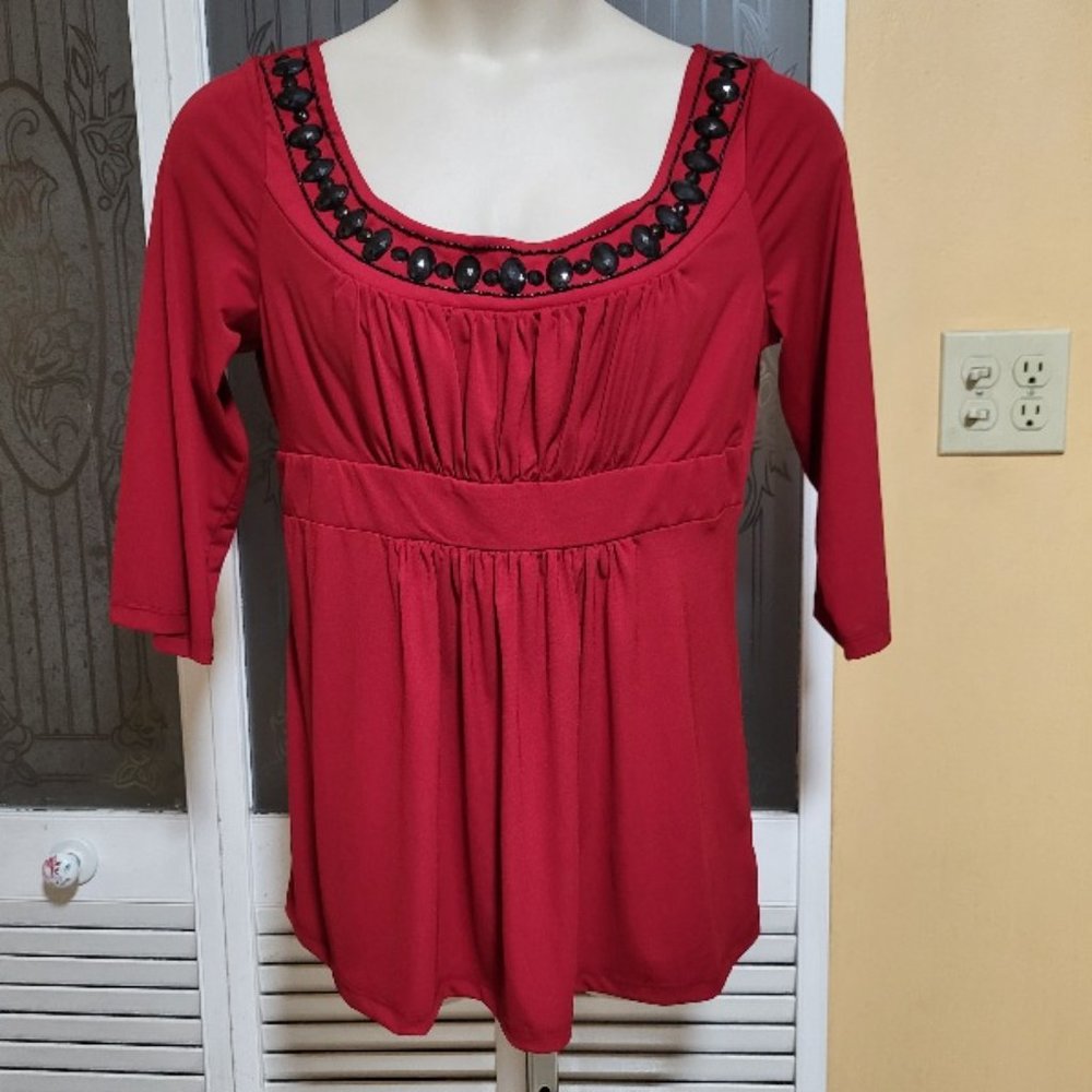 AGB Ladies Beautiful Red Blouse With Black Beaded Scoop Neckline